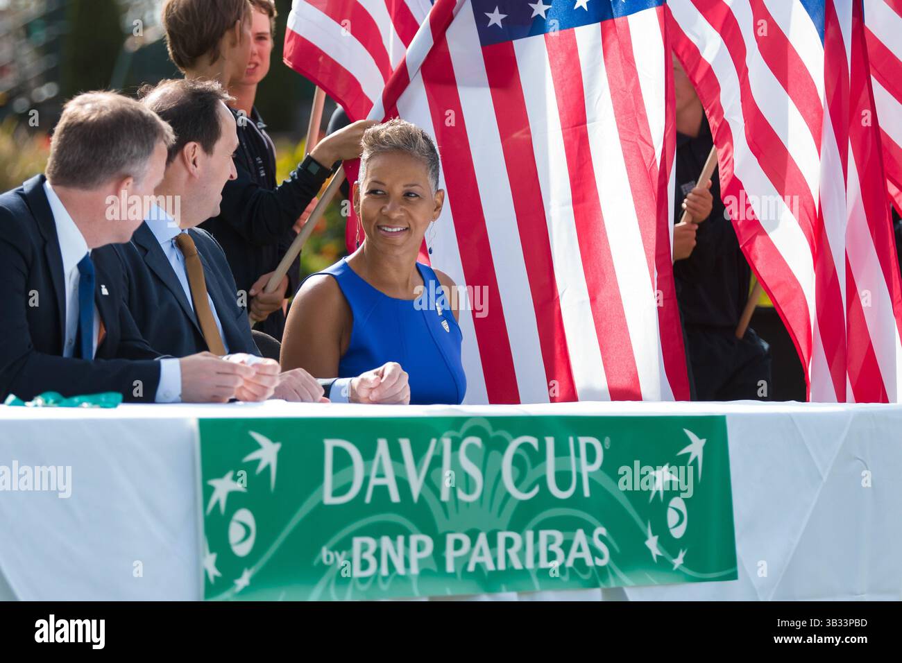 3 mars 2016 : Katrina Adams, présidente du conseil d'administration, PDG et présidente de l'USTA, lors du tirage au sort officiel de la première manche du Groupe BNP Paribas Davis Cup World match entre l'Australie et les États-Unis au club de tennis Kooyong à Melbourne, en Australie. Sydney Low/Cal Sport Media(image crédit : © Sydney Low/CSM via ZUMA Wire) Banque D'Images