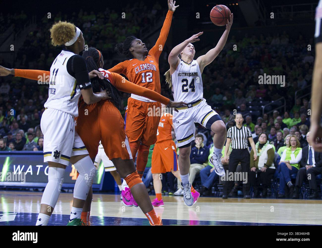 25 février 2016 : la garde de notre Dame Hannah Huffman (24 ans) se dirige vers le panier alors que la garde de Clemson Aliyah collier (12 ans) défend lors d'un match de basket-ball NCAA entre les notre Dame Fighting Irish et les Clemson Tigers au Pavillon Purcell au Joyce Center à South Bend, Indiana. Notre Dame bat Clemson 71-52. John Mersits/CSM(image de crédit : © John Mersits/CSM via ZUMA Wire) Banque D'Images