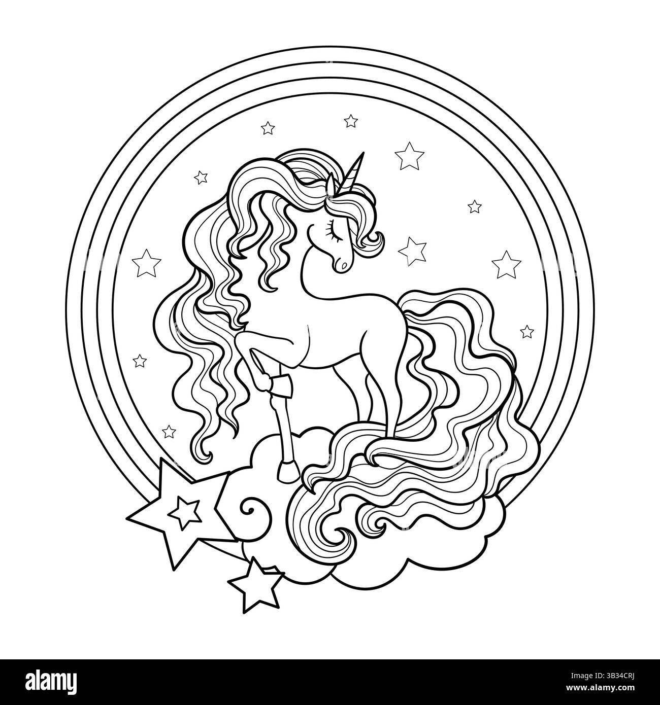 Belle licorne sur un nuage avec un arc-en-ciel. Composition ronde. Dessin noir et blanc. Isolé sur fond blanc. Pour la conception de colo pour enfants Illustration de Vecteur