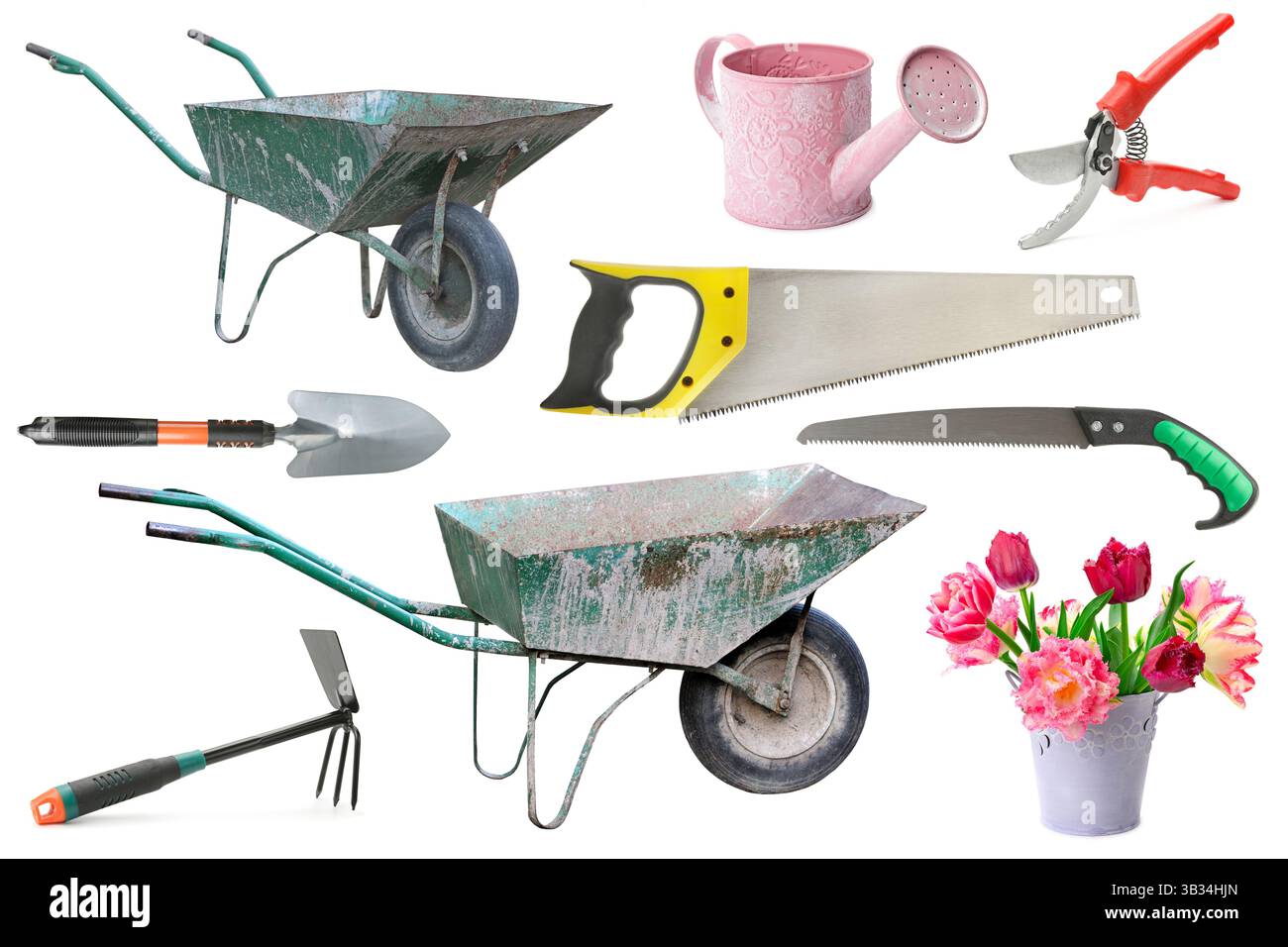 Collection d'outils de jardin isolés sur fond blanc. Banque D'Images