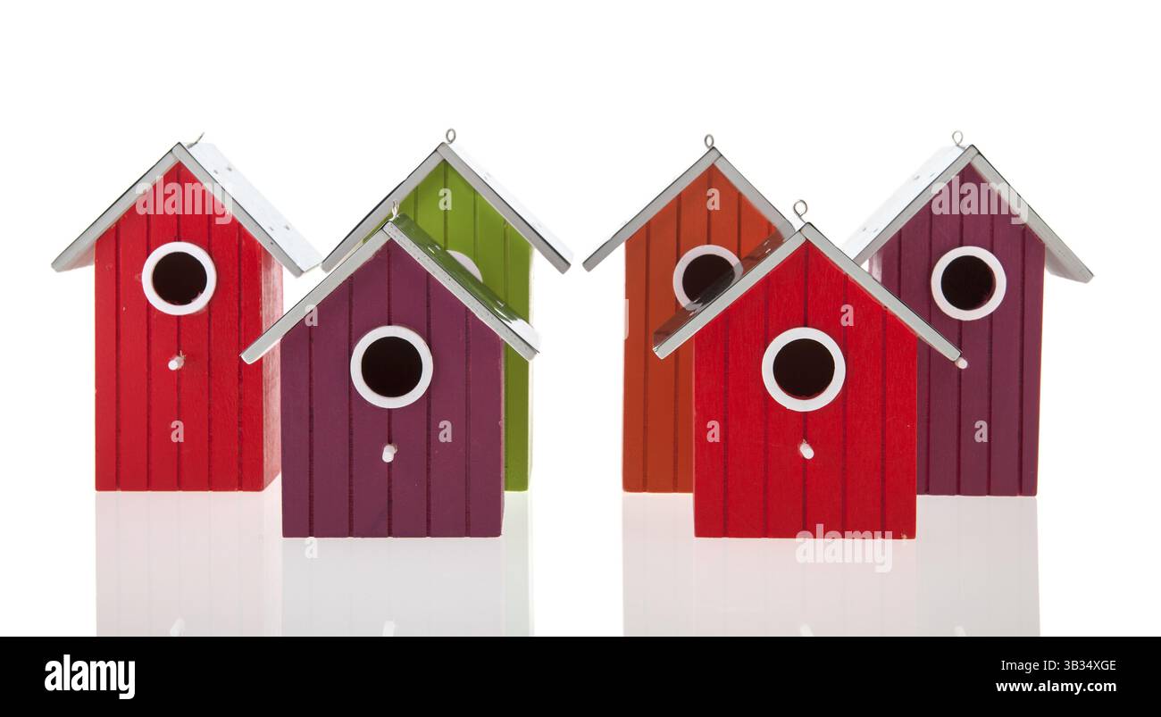 Maisons d'oiseaux colorés dans une ligne isolée sur fond blanc Banque D'Images