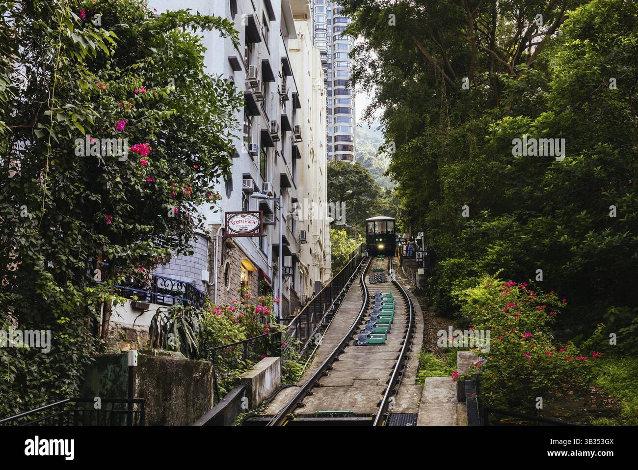 HONG KONG, CHINE - 29 SEPTEMBRE 2024 : le célèbre et populaire Peak Tram alors qu'il monte Victoria Peak à Hong Kong, Chine, Asie Banque D'Images