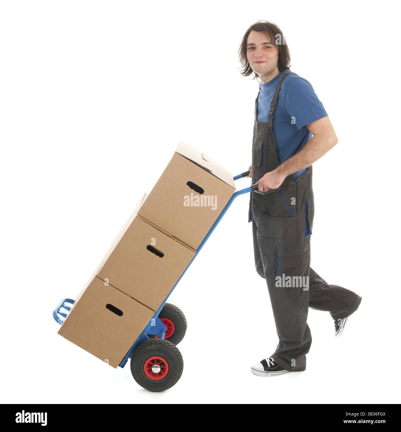 Travailleur avec main vide truck isolated over white background Banque D'Images