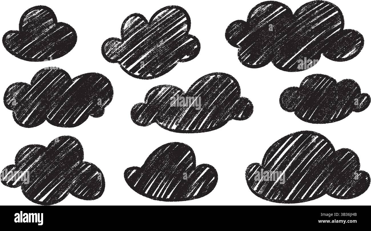 Ensemble de nuages de marqueur crayon à craie - croquis de doodle dessinés à la main noir isolés sur fond blanc. Illustration de Vecteur
