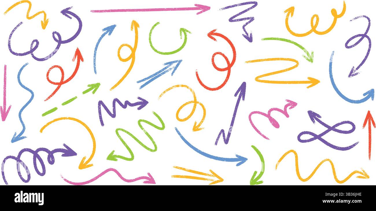 Croquis de flèches au crayon de couleur pastel - tourbillons de doodle dessinés à la main, pointeurs, courbes. Illustration de Vecteur