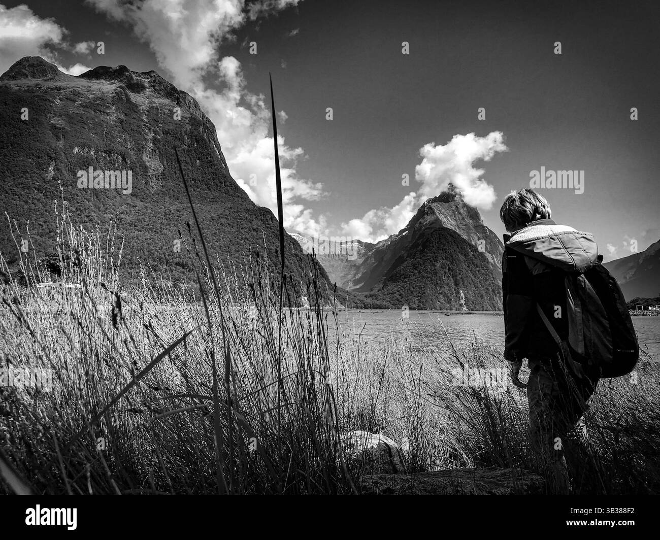 Randonneur solo explorant le lit de la rivière vers Mitre Peak, dans la baie de Milford Sound zone de beauté naturelle dans les fjordlands de l'île du Sud de la Nouvelle-Zélande Banque D'Images