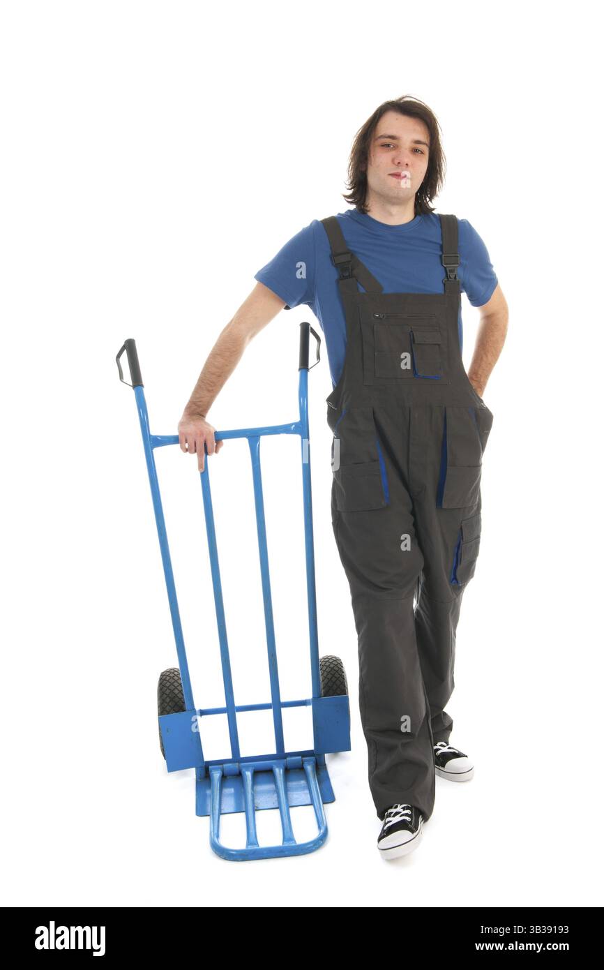 Travailleur avec main vide truck isolated over white background Banque D'Images