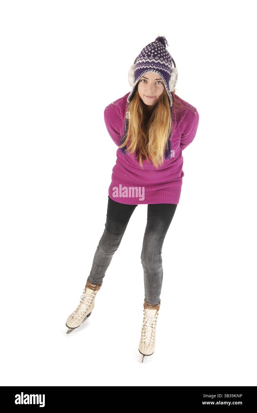 Femme dans la glace Patinage plus isolé sur fond blanc Banque D'Images