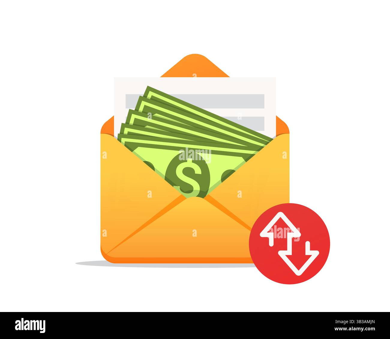 Enveloppe ouverte avec billets d'argent. Transfert d'argent, salaire, paiement, réception d'argent, cadeau financier, espèces. Illustration vectorielle. Isolé sur un dos blanc Illustration de Vecteur