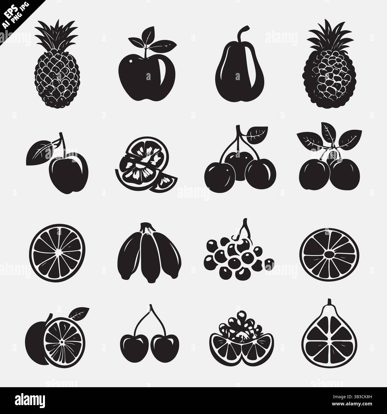 ensemble d'icônes de fruits noirs et blancs avec un style vectoriel minimal moderne Illustration de Vecteur
