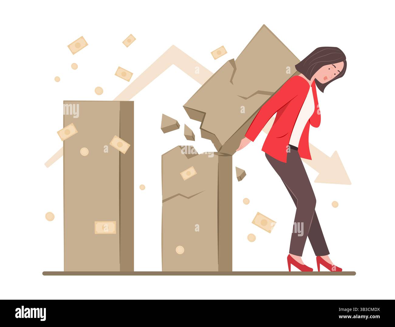 Femme d'affaires poussant le graphique à barres financier craqué pour la récession de l'économie et l'illustration de concept de faillite Illustration de Vecteur