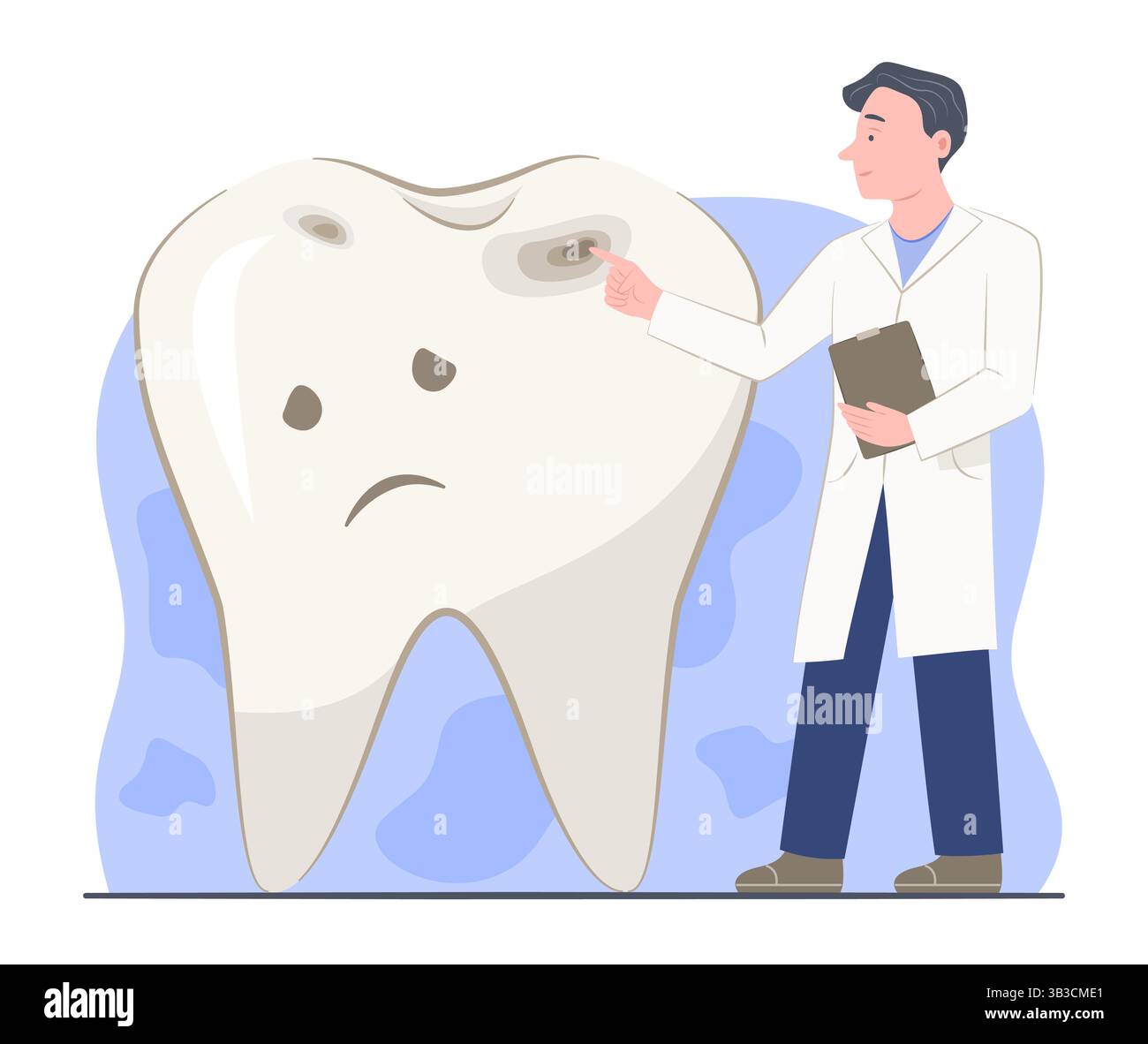 Médecin dentiste masculin pointant les cavités sur le personnage de dessin animé de dent pour les caries dentaires et les soins dentaires concept illustration Clip Art Illustration de Vecteur