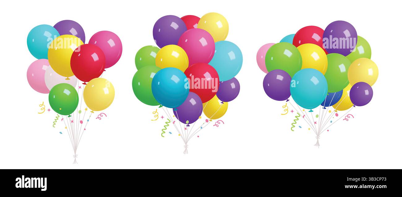 Bouquet de ballons ensemble de cliparts colorés. Collection d'art clip d'éléments gonflables de ballon d'anniversaire pour la fête, l'anniversaire, le mariage et le jour de naissance Illustration de Vecteur