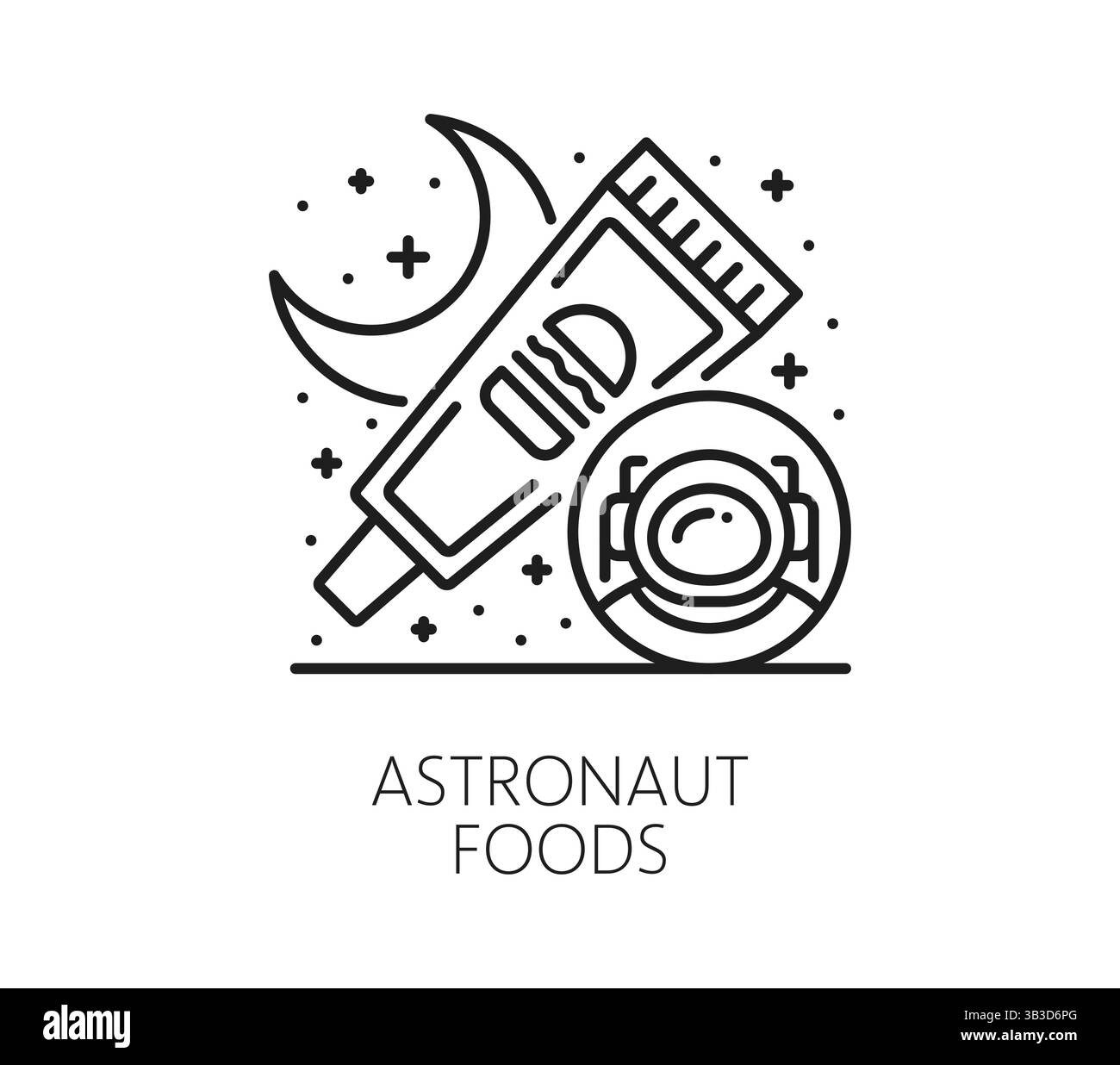 Icône spatiale de galaxie de ligne représentant la nourriture des astronautes avec un tube de nourriture de l'espace compressible, un casque de cosmonaute, des étoiles et un croissant de lune. lin. Noir vecteur Illustration de Vecteur