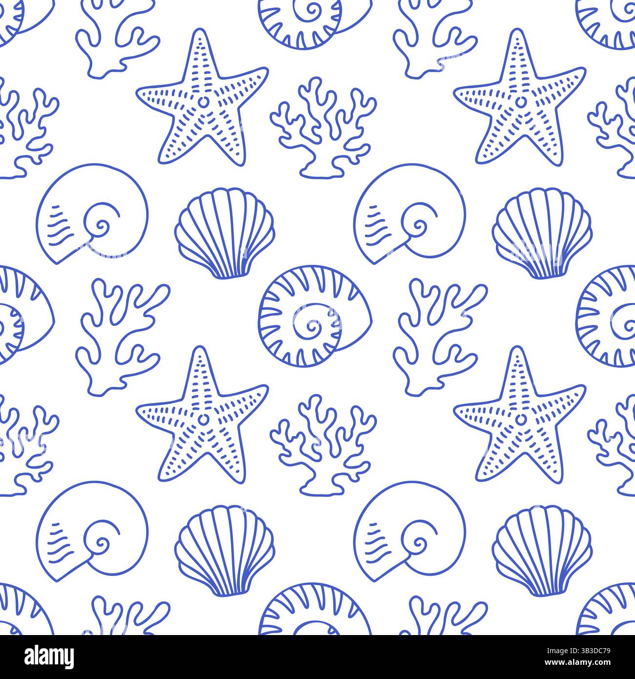 La dolce vita gribouille un coquillage sans couture. Bleu sur illustration vectorielle blanche des affiches dessinées à la main de style italien. Décoration de gravures murales, pour Illustration de Vecteur