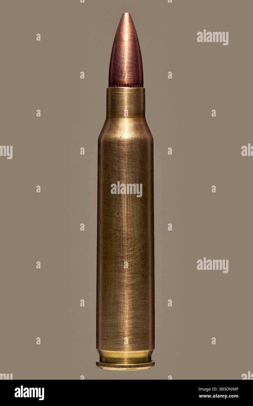 Gros plan d'une seule cartouche de balle Remington .223 sur fond marron Banque D'Images