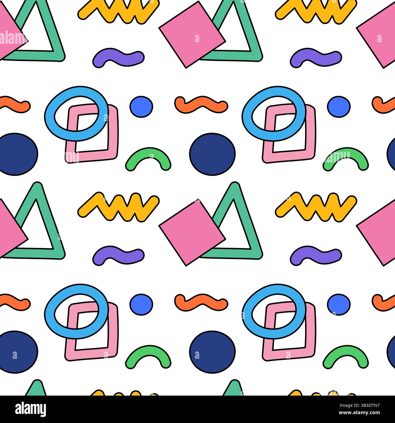 Motif sans couture géométrique dynamique et ludique avec des formes géométriques abstraites comme des triangles, des cercles, des losanges, des carrés, des anneaux, zigzags, Illustration de Vecteur