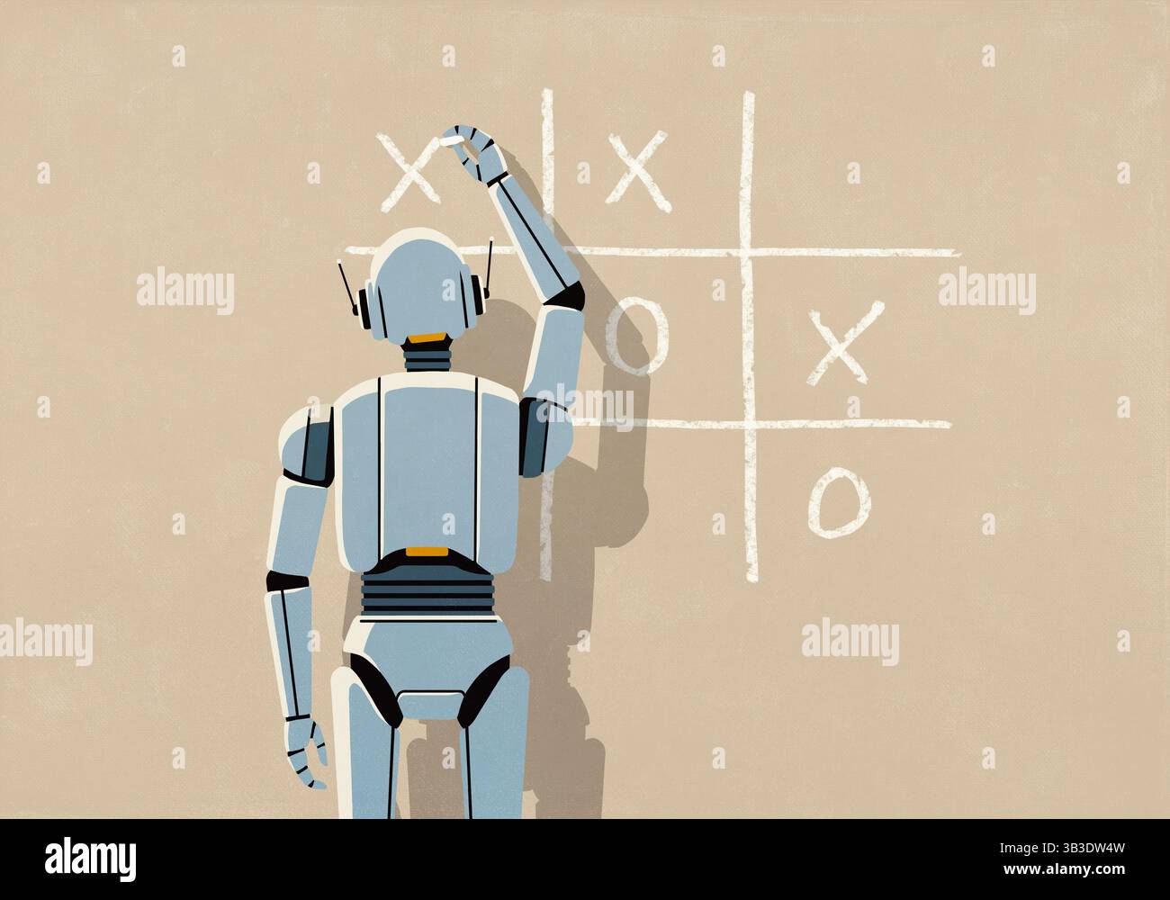 Robot AI jouant TIC-tac-toe sur fond beige Banque D'Images