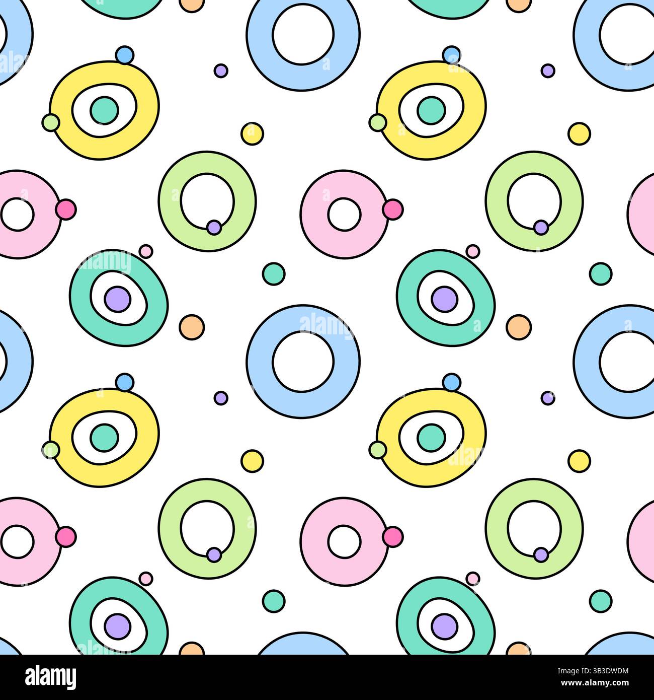 Motif abstrait géométrique doodle sans couture avec des cercles creux et solides dans des couleurs pastel avec des accents ludiques sur un fond blanc. Parfait pour Illustration de Vecteur