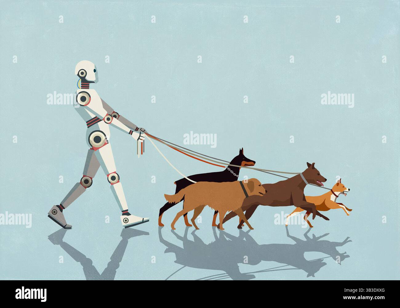 Chiens de marche robot humanoïde sur des laisses sur fond bleu Banque D'Images