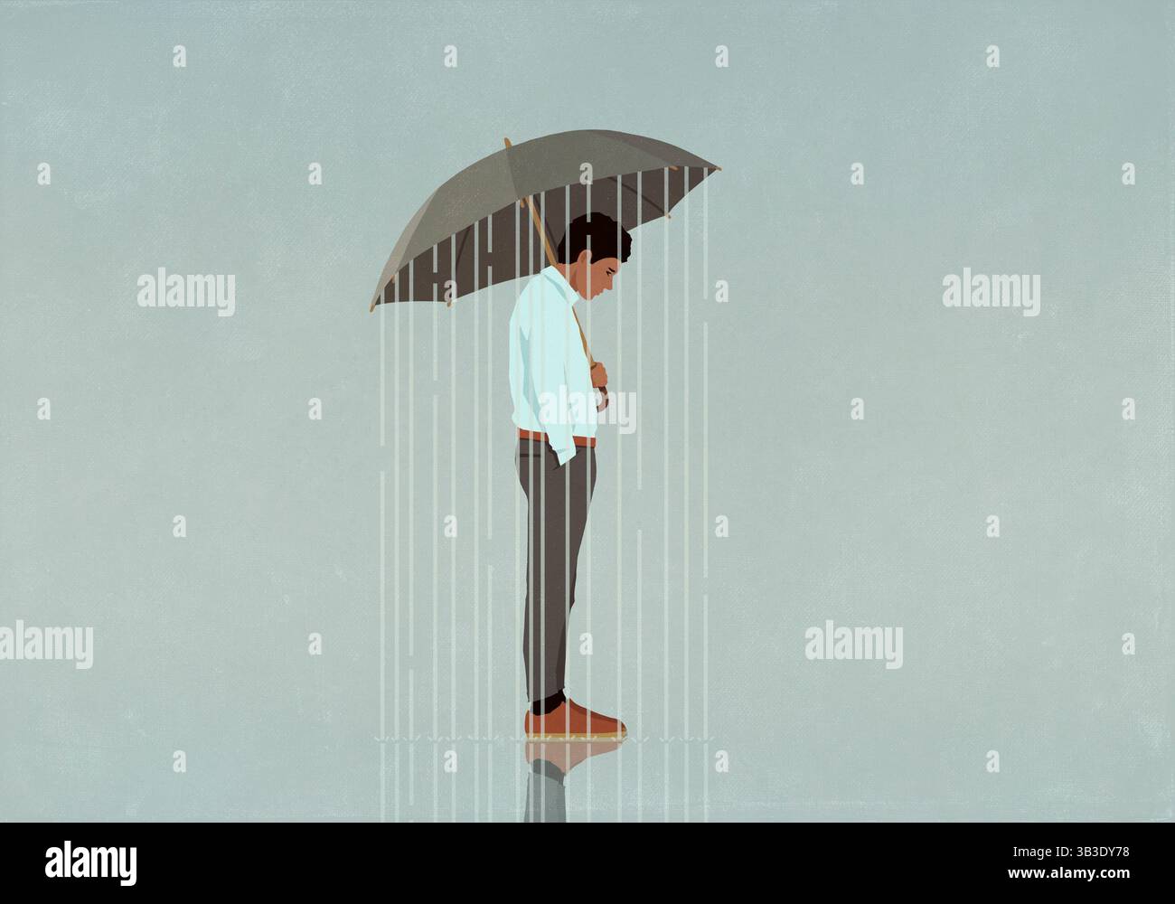 Pluie tombant du parapluie sur l'homme déprimé Banque D'Images