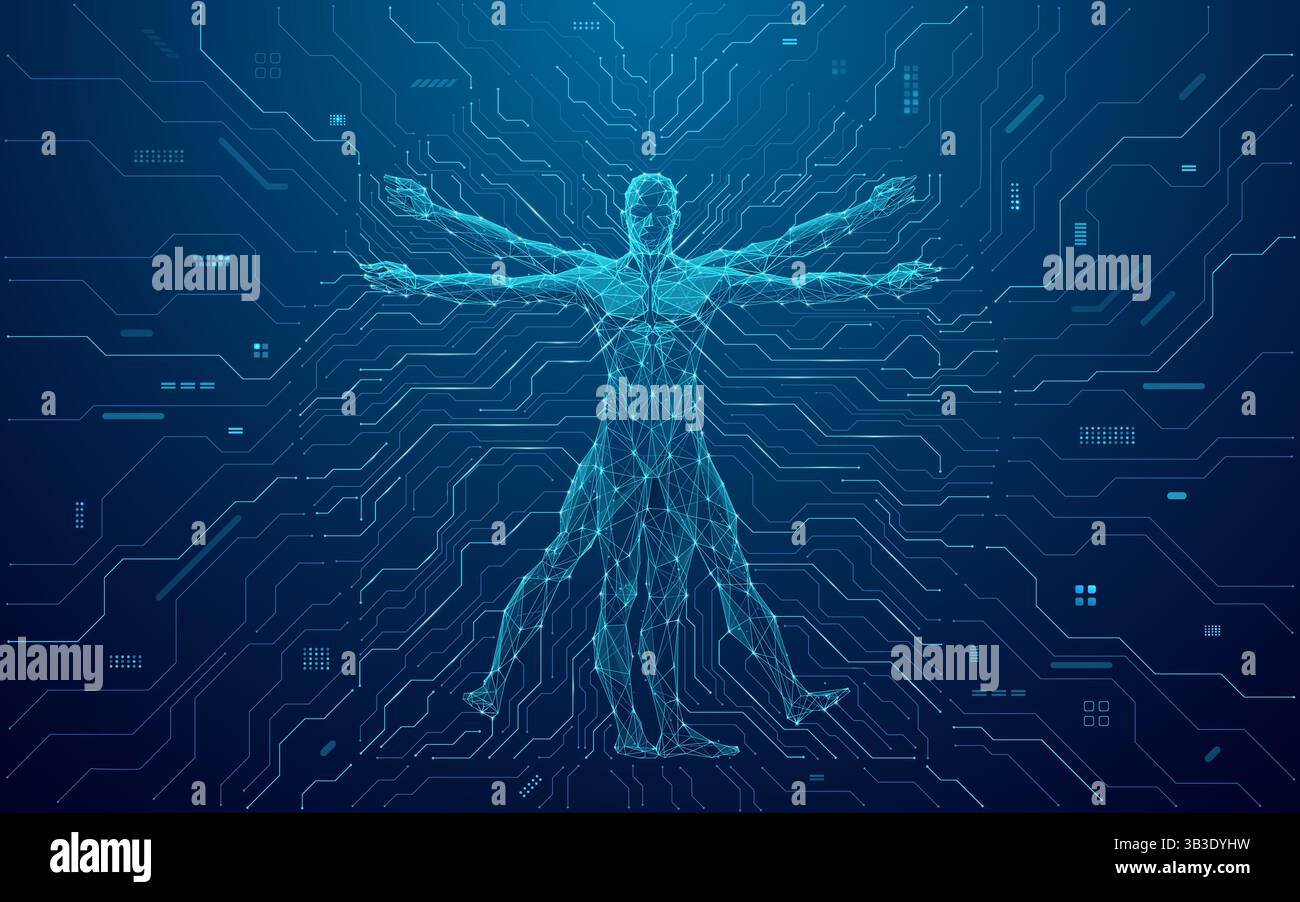 Homme vitruvien numérique abstrait sur fond bleu de carte de circuit imprimé Illustration de Vecteur