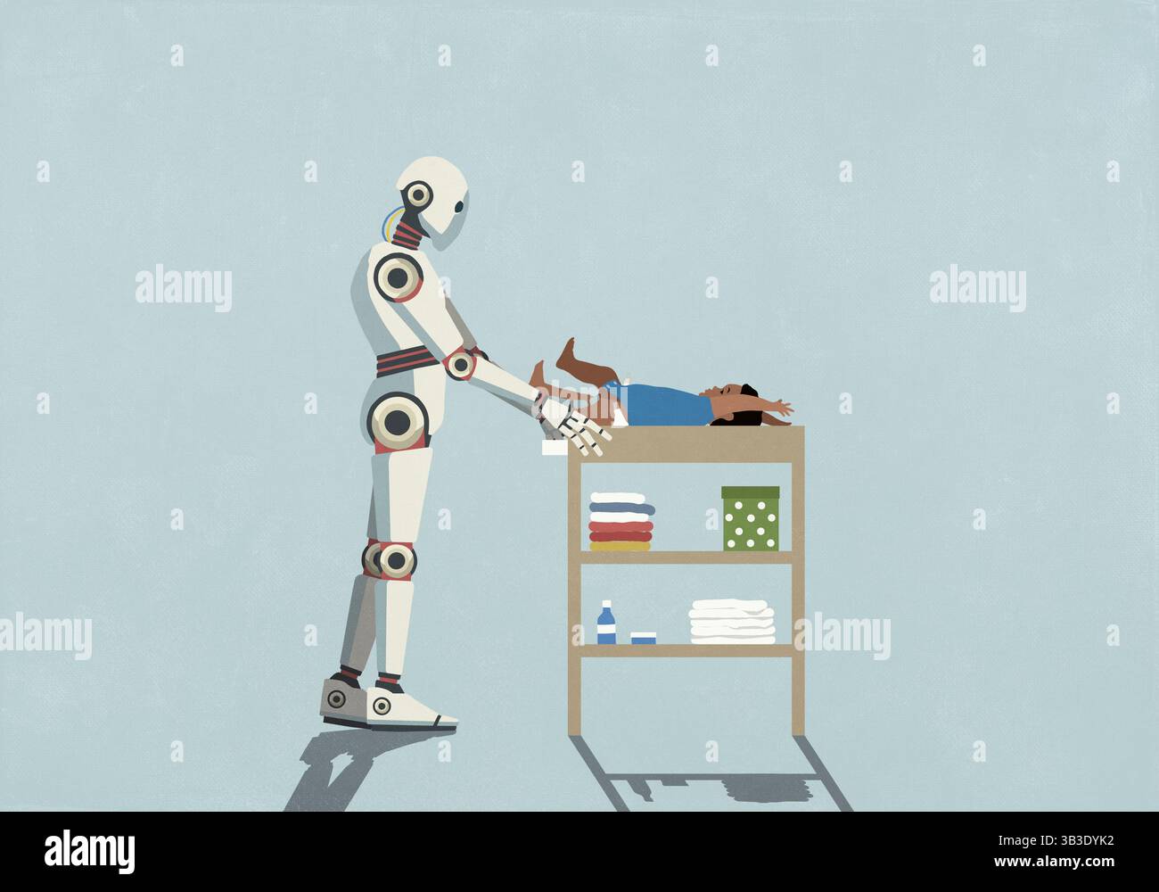 Robot humanoïde changeant la couche de bébé sur une table à langer Banque D'Images