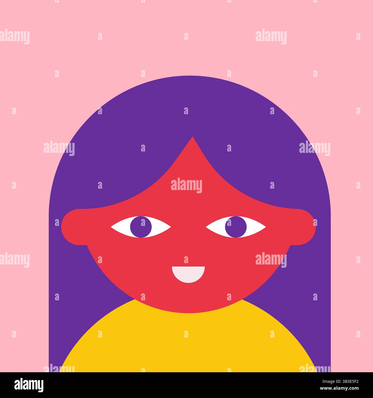 Illustration plate vectorielle avec profil de femme ou de fille avec des cheveux straith, tête ronde et beau sourire blanc. Couleurs vives dans un concept minimaliste, Illustration de Vecteur