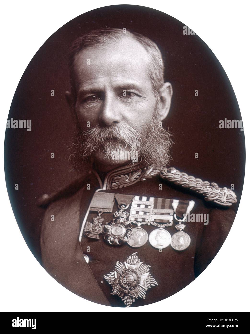 Général Sir Frederick Sleigh Roberts, 1882. Sir Frederick, 1er comte Roberts (1832-1914) était l'une des principales figures militaires britanniques de l'époque victorienne. Décoré de la Croix de Victoria en 1858 pour ses actions lors de la mutinerie indienne, Roberts est surtout connu pour sa marche vers la capture de Kandahar pendant la seconde guerre afghane de 1878-1880. Il est fait baron de Kandahar et Waterford en 1892 et promu maréchal en 1895. Roberts commande les renforts envoyés en Afrique du Sud en 1900 après les revers du début de la guerre des Boers. Après son intervention réussie en Afrique du Sud c Banque D'Images