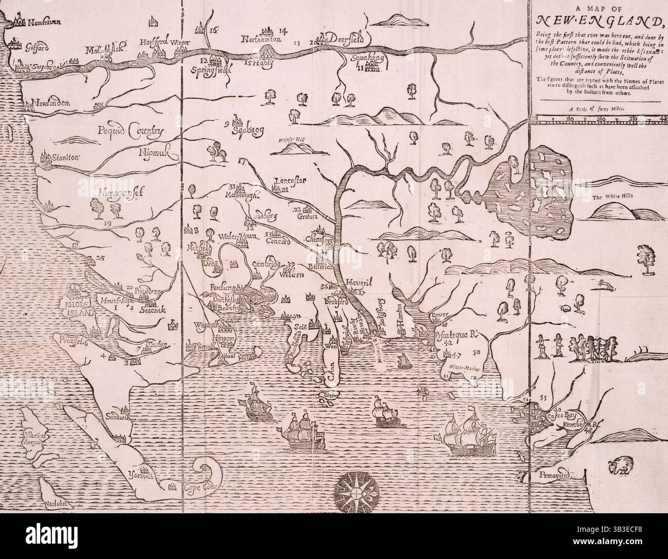 Carte de la Nouvelle-Angleterre, 1677. Auto-proclamé comme la première carte jamais imprimée en Amérique. 'Étant le premier qui a jamais été ici coupé [c'est-à-dire gravé], et fait par le meilleur motif qui pourrait être eu, qui étant dans certains endroits défectueux, il a rendu l'autre moins exact ; mais doth il a suffisamment shew la Scituation du pays, et commodément bien la distance des lieux. Les chiffres qui sont joints aux noms des lieux sont pour distinguer ceux qui ont été agressés par les Indiens de ceux des autres. De " Un récit de la difficulté avec les Indiens en Nouvelle-Angleterre, de la première plantation de celui-ci en th Banque D'Images