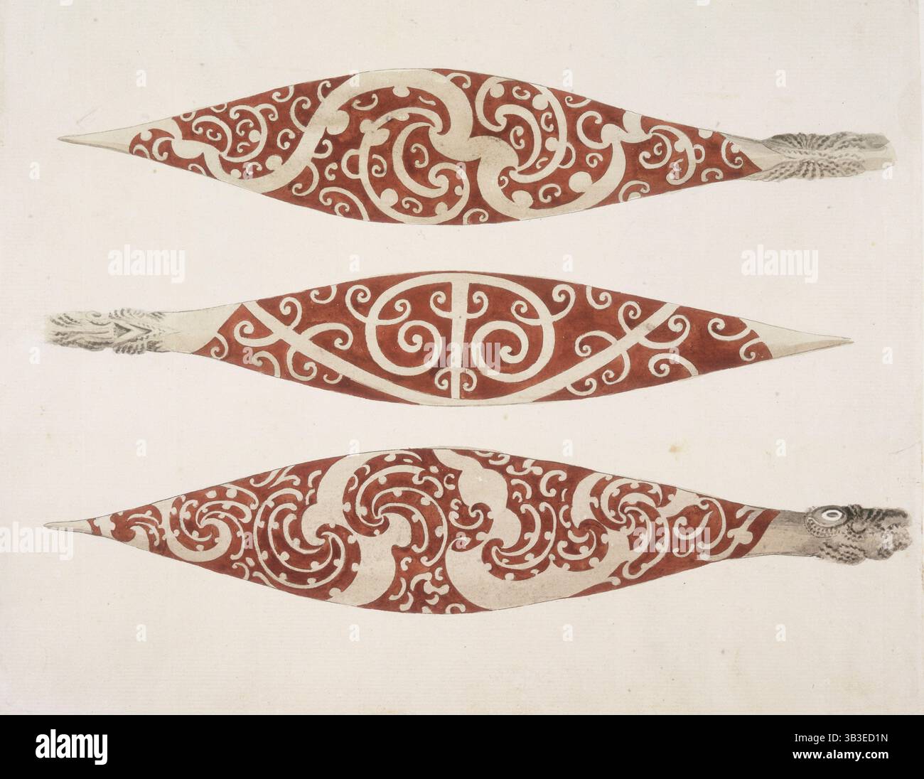 Trois pales peintes, c1768-c1780. Extrait d'une collection de dessins d'A Buchan, S Parkinson et JF Miller, réalisés dans les pays visités par le Capt Cook lors de son premier voyage, ainsi que d'estampes publiées dans les voyages de Biron, Wallis et Cook de Hawksworth, ainsi que dans les deuxième et troisième voyages de Cook. Le premier voyage du capitaine Cook a eu lieu en 1768-1771, son deuxième voyage en 1772-1775, et le troisième en 1776-1780. Banque D'Images