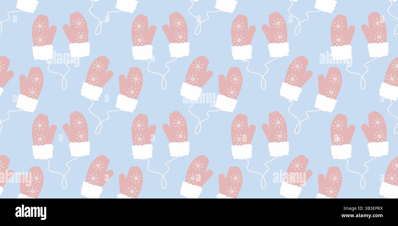 Moufles avec flocons de neige et fourrure sur string Seamless Pattern en rose doux à la mode sur fond d'hiver bleu. Illustration vectorielle isolée cartes de vêtements thématiques saisonnières marquage toile de fond étiquette de prix, étiquette promotionnelle Illustration de Vecteur