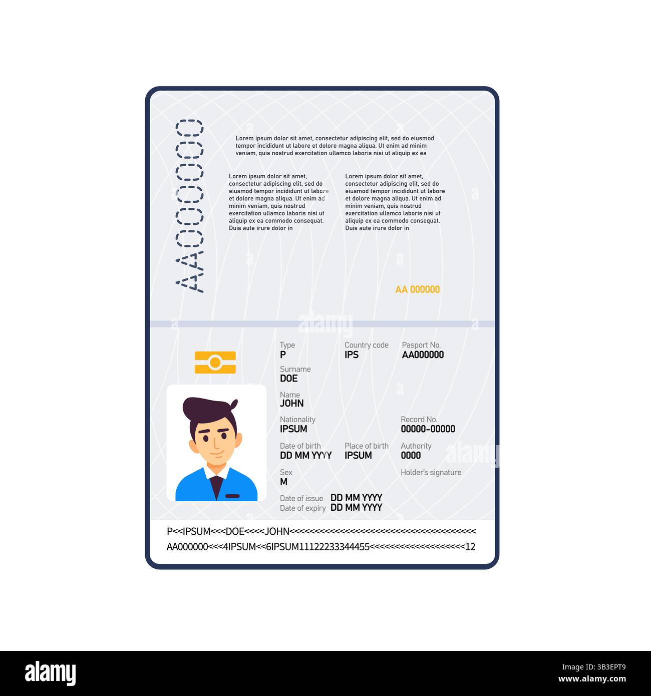 Passeport ouvert avec des informations personnelles et photo de John Doe, document d'identification pour les voyages internationaux Illustration de Vecteur