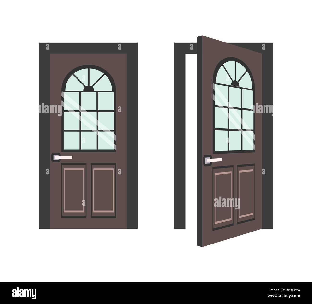 Porte en bois brun, fermée et ouverte, montrant le passage d'un endroit à un autre Illustration de Vecteur