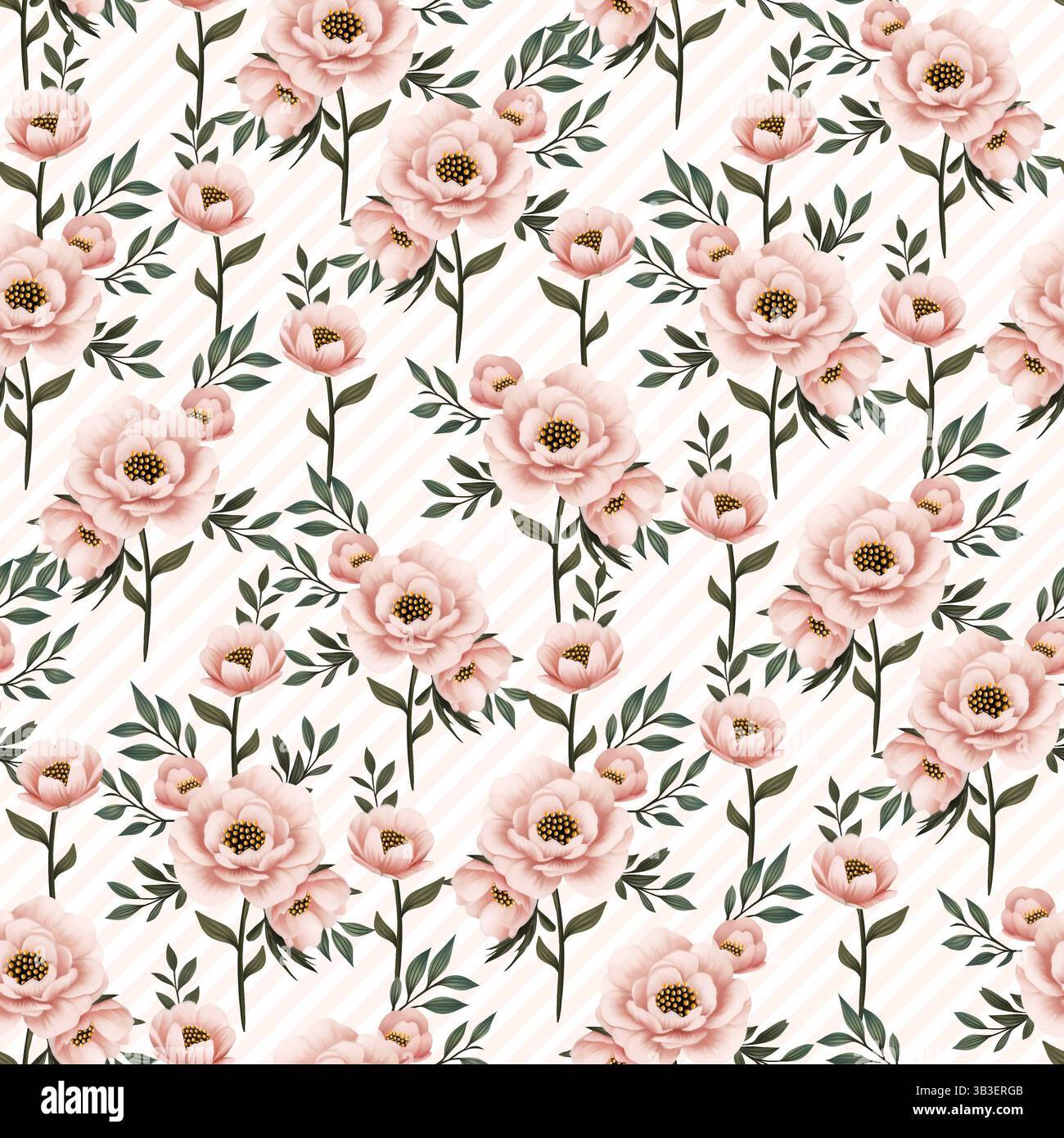 Fleurs roses avec des rayures diagonales, motif floral sans couture sur fond transparent Banque D'Images