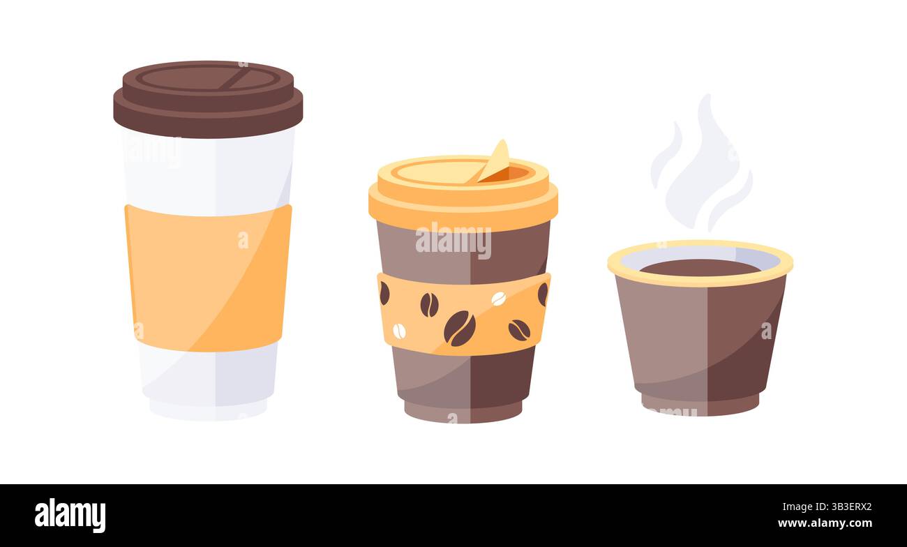 Trois variantes de tasses à café jetables montrant différentes étapes d'utilisation Illustration de Vecteur