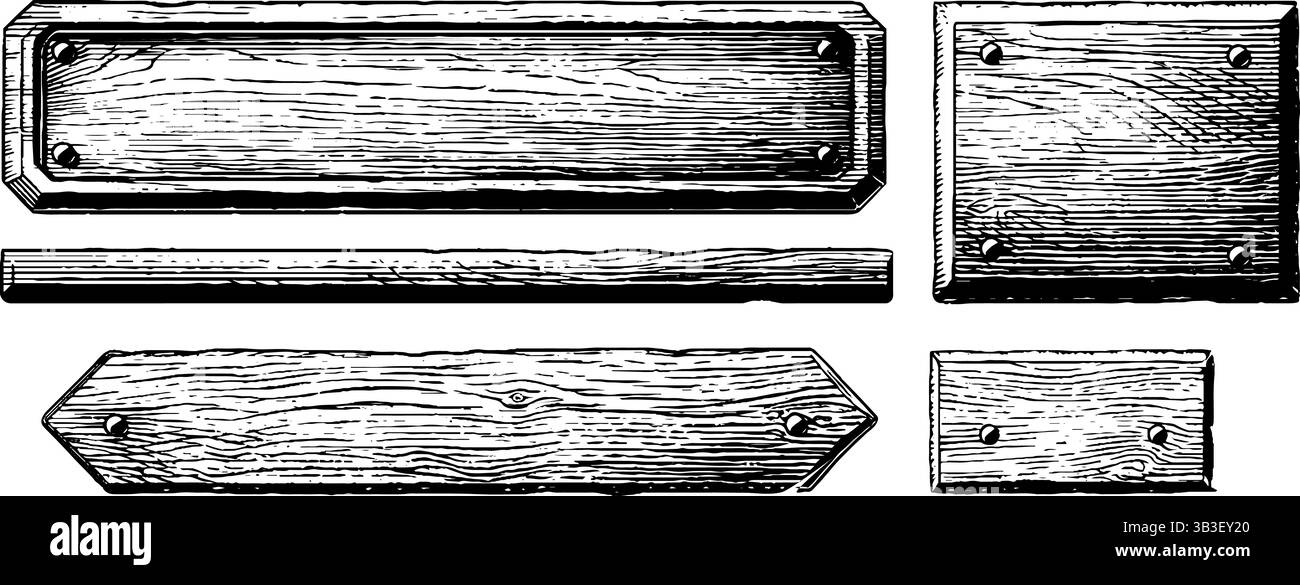 Set de plaque signalétique en bois gravé - éléments de design rustique pour la signalisation et l'artisanat. Illustration de Vecteur