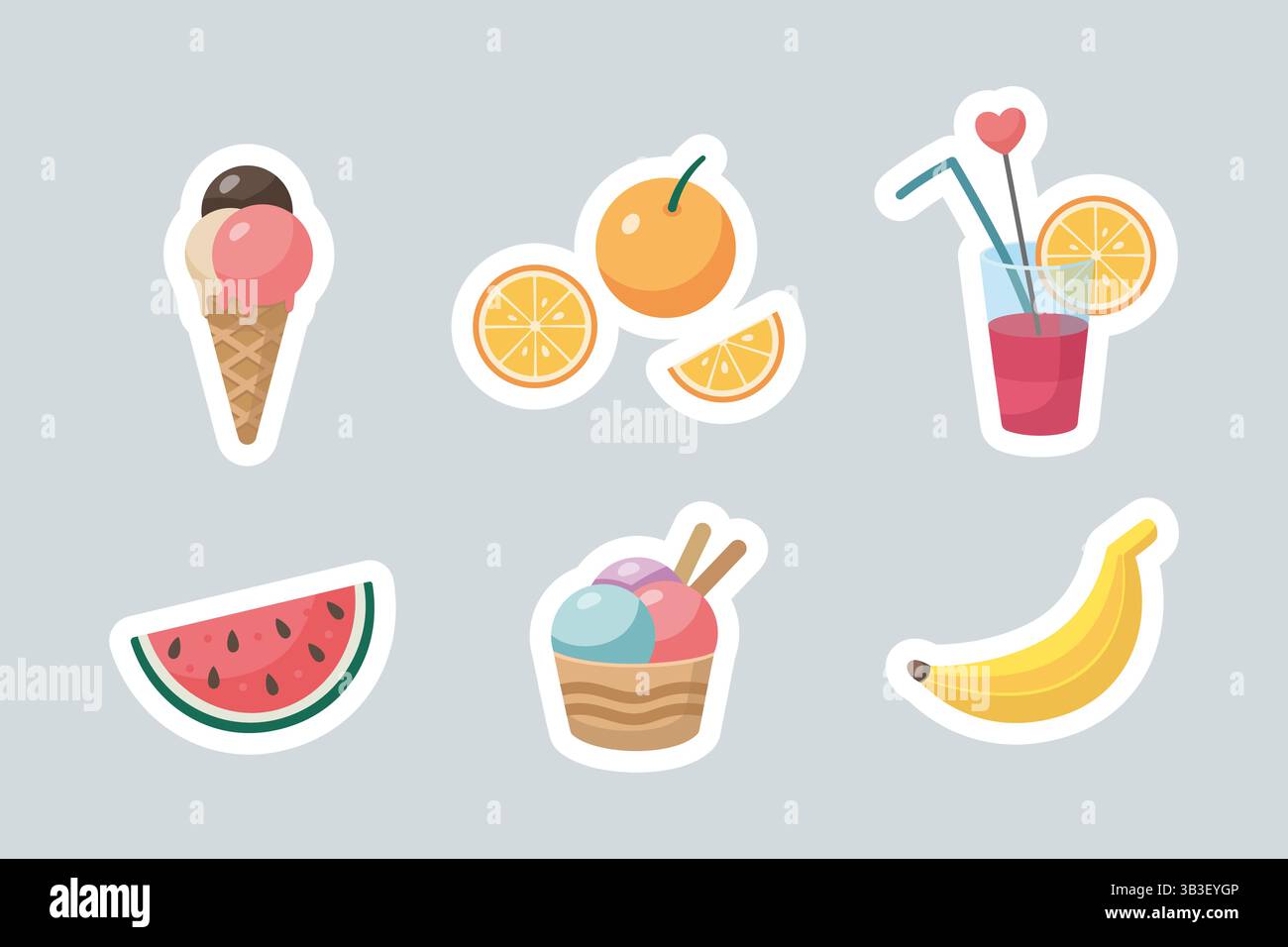 Ensemble d'autocollants alimentaires populaires d'été. Mignon fruit d'été, collection d'icônes de crème glacée. Eléments d'heure d'été. Illustration de fête de plage. Illustration vectorielle de dessin animé. Conception plate. Illustration de Vecteur
