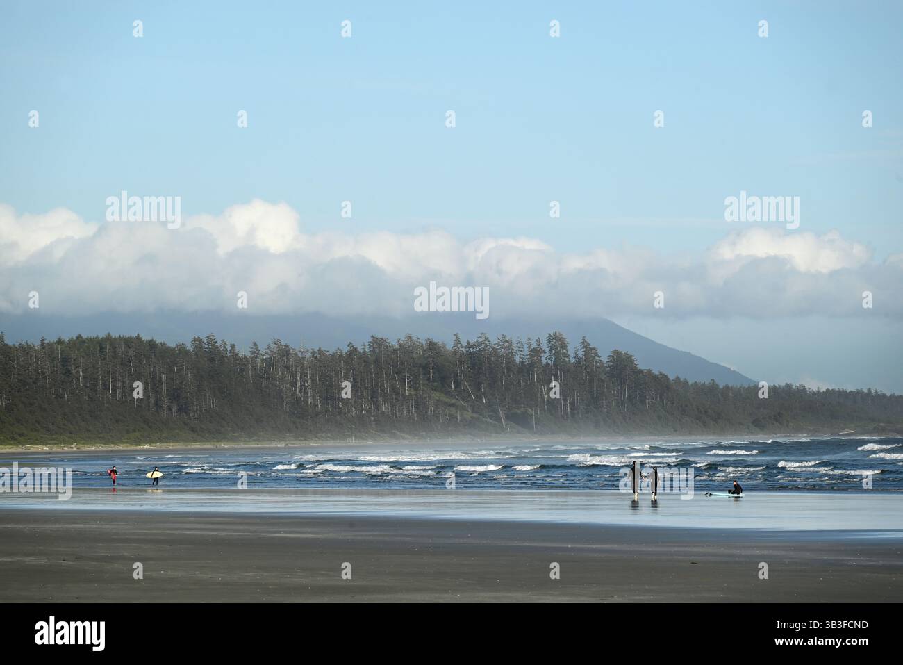 Un groupe de personnes sur la plage de Tofino dans l'île de Vancouver, Canada, dont deux aresurfers. Banque D'Images