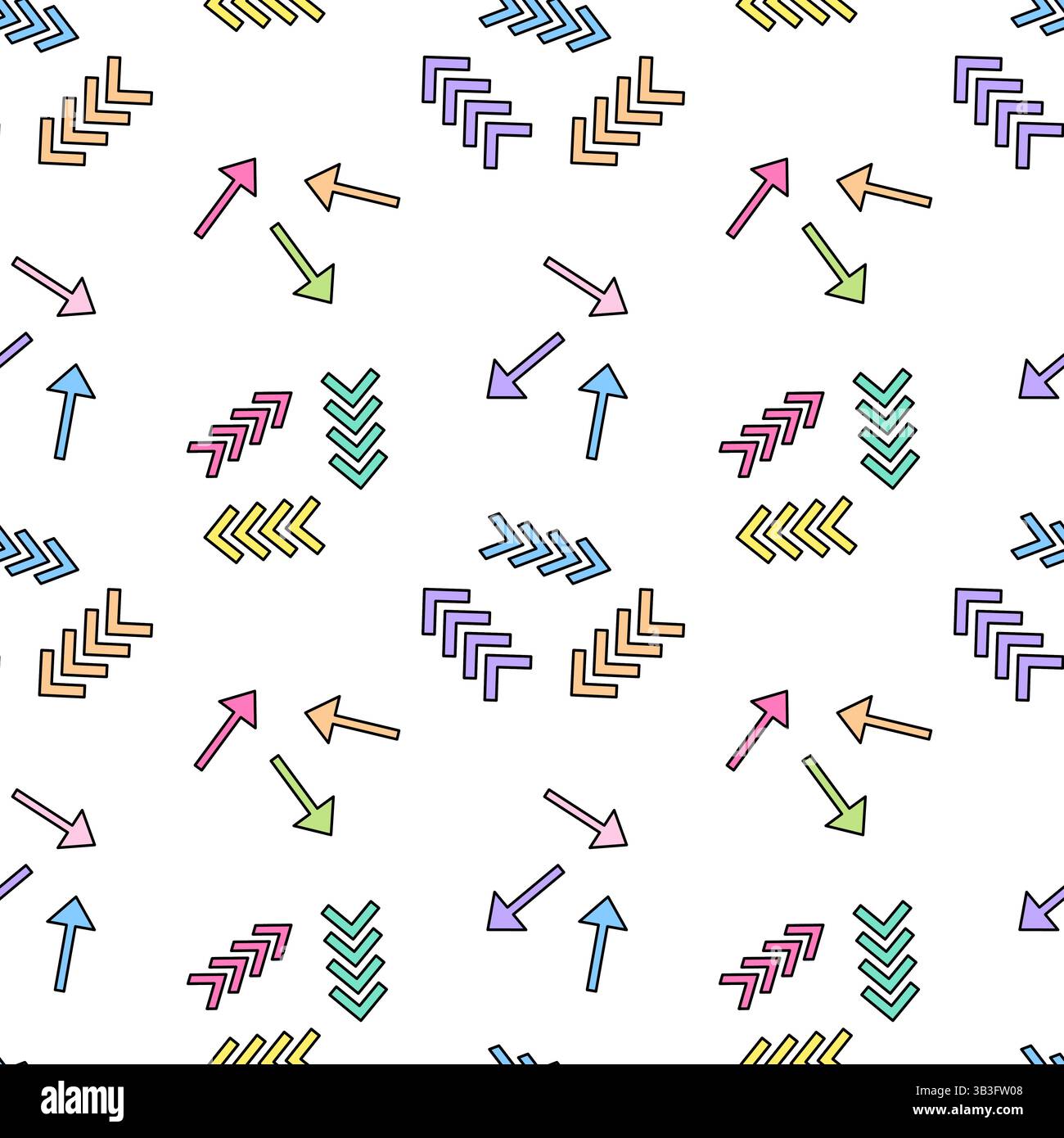Motif abstrait sans couture avec des flèches pastel colorées et un pointeur sur un fond blanc dans un style naïf de dessin animé moderne doux. Parfait pour les enfants, nur Illustration de Vecteur