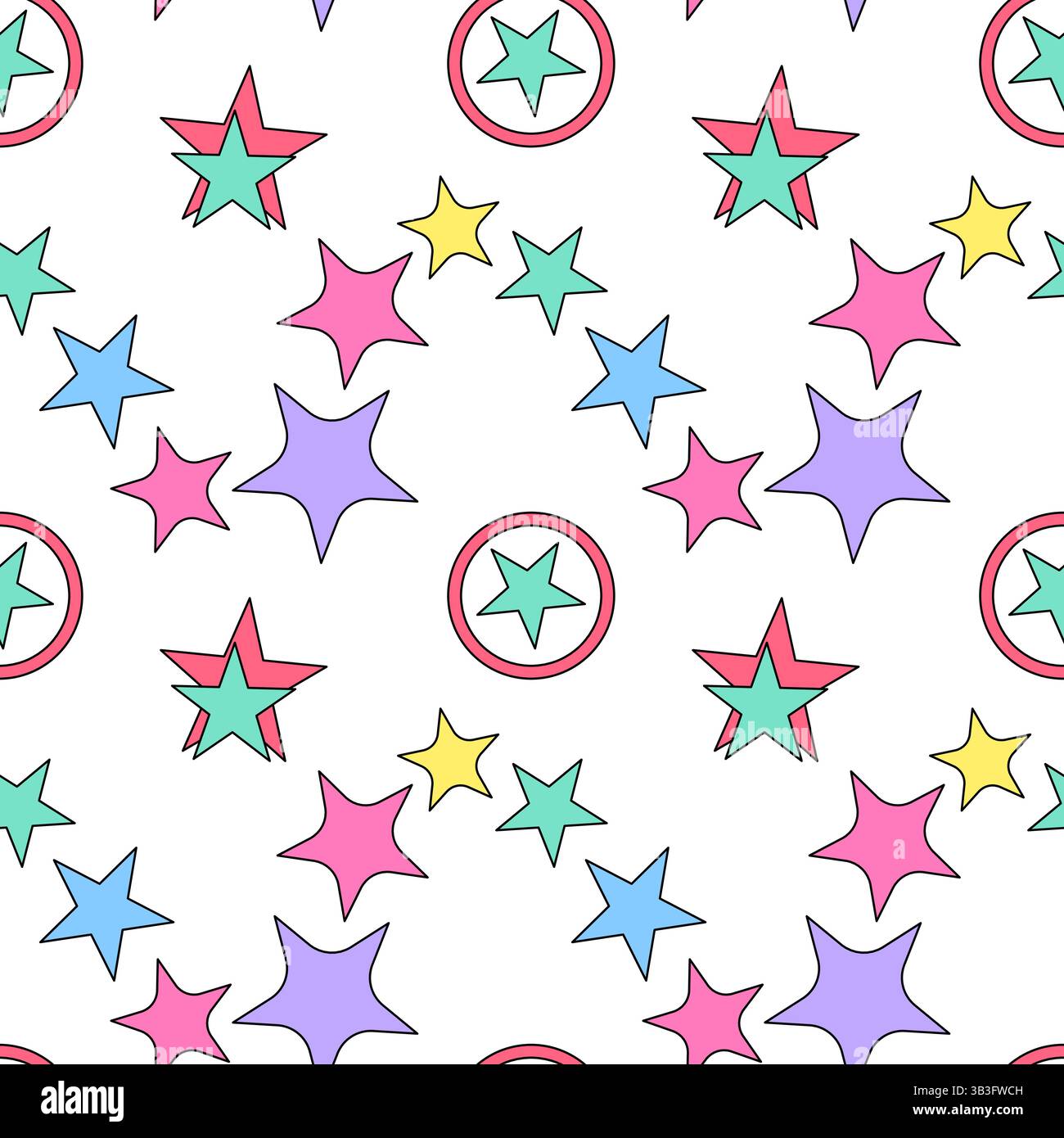Motif décoratif abstrait sans couture avec des étoiles colorées dans des anneaux sur un fond blanc. Ciel étoilé de l'espace de dessin animé dans un style naïf pour les enfants, nu Illustration de Vecteur