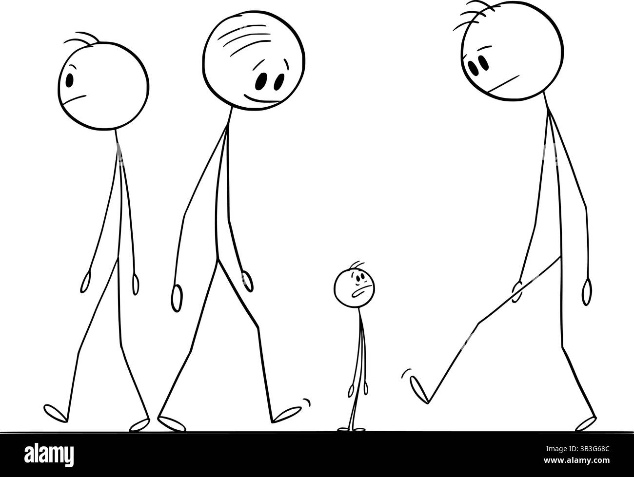 Petite personne debout entre de grandes personnes ou des géants, figure de bâton de dessin animé vectoriel ou illustration de personnage. Illustration de Vecteur