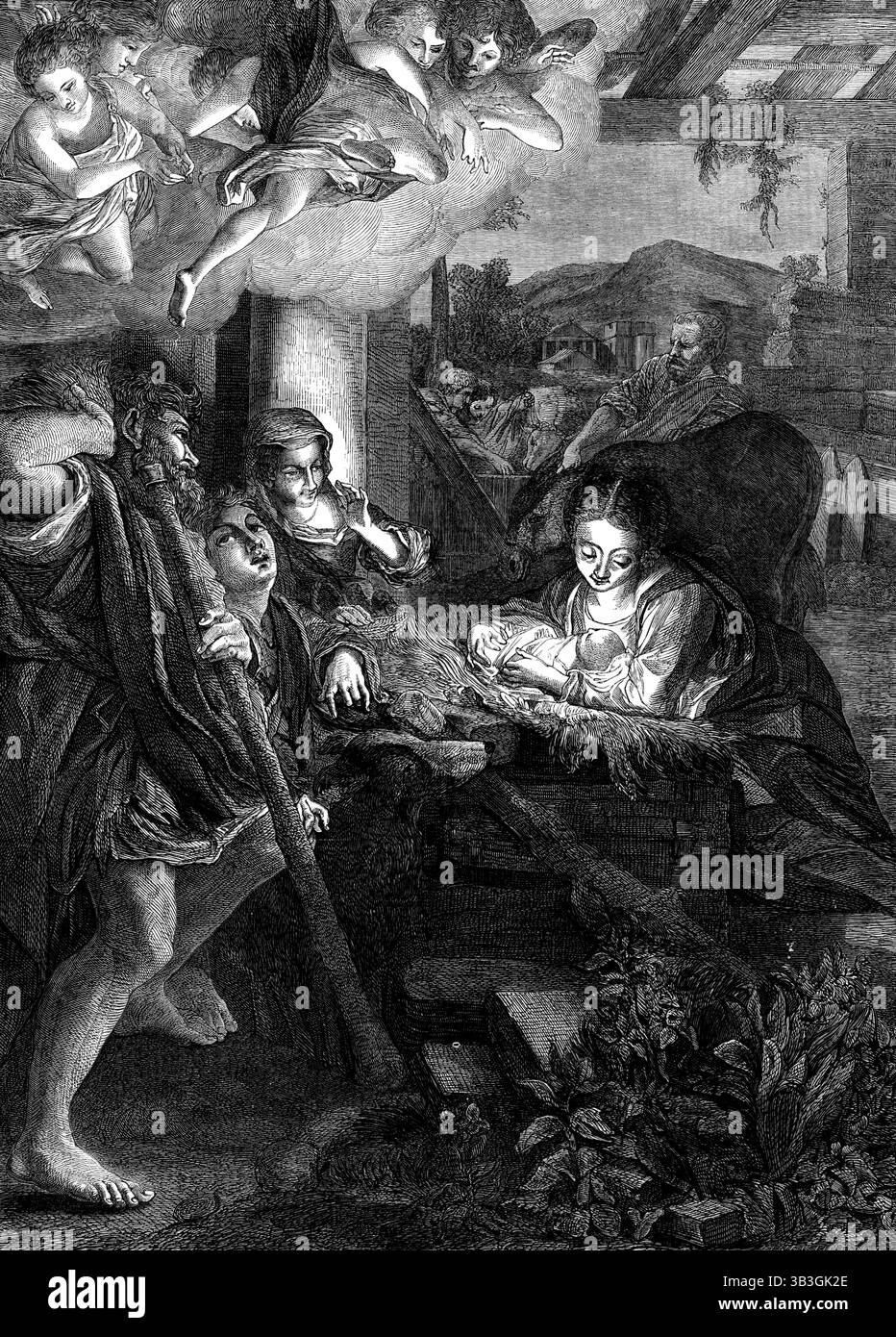"La Notte", d'après le tableau de Correggio, dans la galerie de Dresde, 1873. « La Notte », ou « la nuit », que nous gravons comme illustration artistique appropriée pour cette marée de Noël, cette Fête de la Nativité, est le plus célèbre de plusieurs chefs-d'œuvre de Correggio...le plus grand maître du chiaroscuro. Ce charme rare dans l'art est ici illustré par la manière exquise dans laquelle la lumière émanant de l'enfant Divin est conduite. La lumière surnaturelle rayonne complètement sur la face extatique de la Vierge, mais elle est déblouie par elle ; tandis qu'une autre femelle recule... Banque D'Images