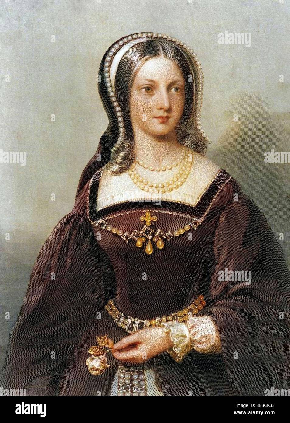 Lady Jane Grey, reine d'Angleterre. Après la mort du roi Édouard VI, âgé de 15 ans, Lady Jane Grey (c1537-1554), arrière-petite-fille d'Henri VII, régna comme reine non couronnée régnant du Royaume d'Angleterre pendant neuf jours en 1553. Elle est déposée par la fille aînée d'Henri VIII, Mary, qui la fait exécuter pour trahison l'année suivante. (Impression colorée en noir et blanc). Banque D'Images