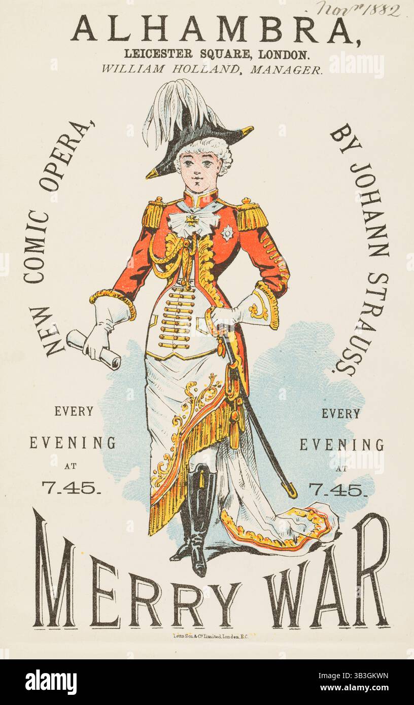 "Merry War" ; New Comic Opera, de Johann Strauss, 1882. Der lustige Krieg (la Joyeux Guerre) est une opérette en trois actes composée par Johann Strauss II, créée en 1881. Dépliant illustré pour une représentation à l'Alhambra de Leicester Square, Londres. Banque D'Images