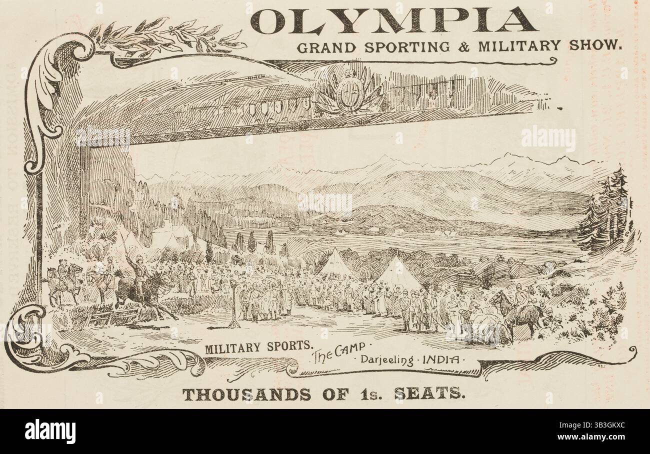 Grand salon sportif et militaire à l'Olympia de Londres, 1896. Sports militaires ; le camp - Darjeeling, Inde. Prospectus annonçant un événement qui a été présenté comme une célébration sans critique de la domination coloniale britannique. Banque D'Images
