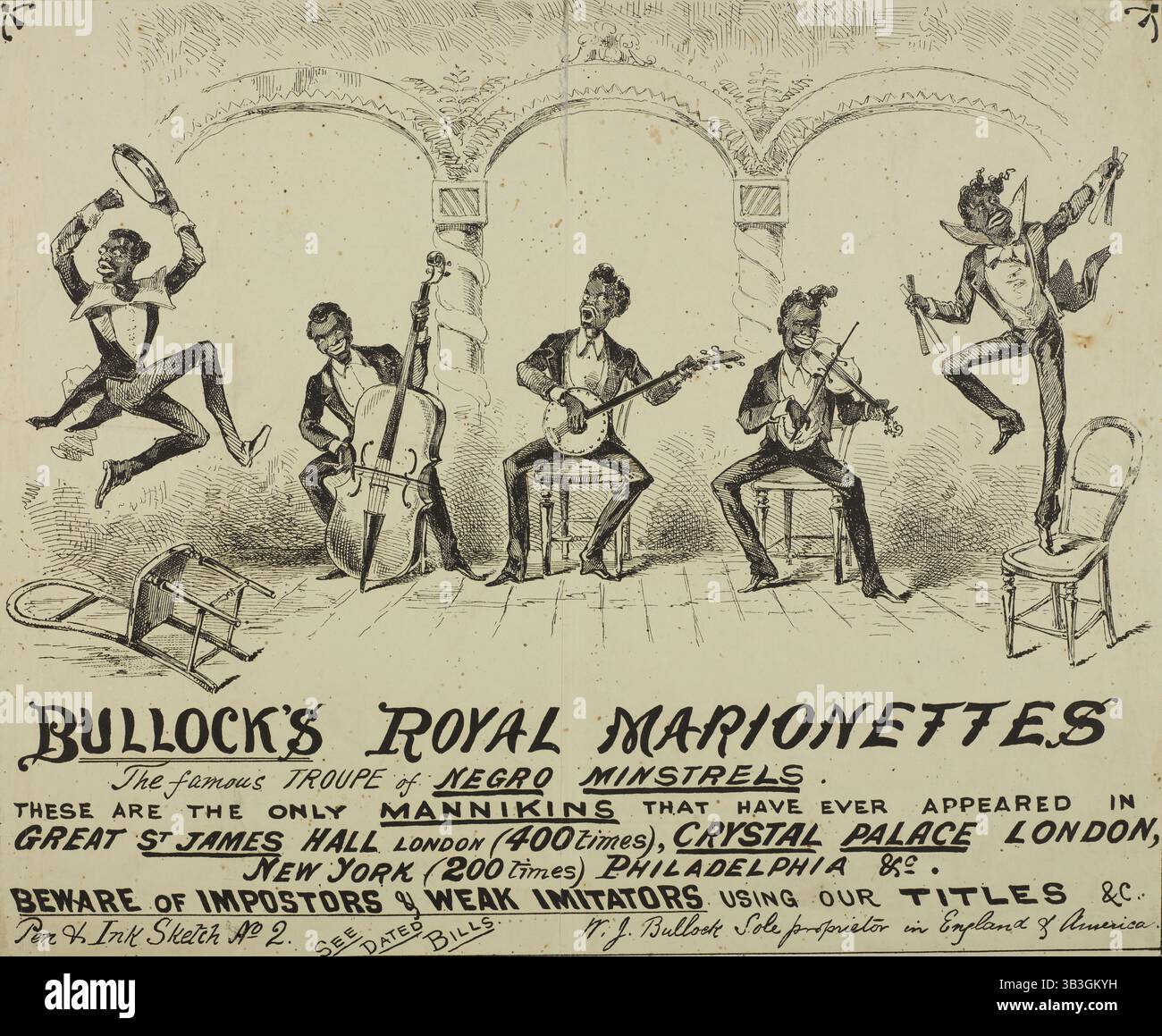 Marionnettes Royales de Bullock, c1870. 'The Famous troupe of N * Gro Minstrels - ce sont les seuls Mannikins qui ont jamais apparu dans le Great St James Hall Londres (400 fois), Crystal Palace Londres, New York (200 fois) Philadelphie & amp ;c. Méfiez-vous des imposteurs &amp ; Imitators faibles en utilisant nos titres &amp ;c. Crayon &amp ; croquis d'encre n° 2...W. J. Bullock propriétaire unique en Angleterre &amp ; America ». Publicité illustrée pour un acte musical mettant en vedette des marionnettes représentant des musiciens noirs dans des poses exagérées et stéréotypées. William John Bullock a créé sa société en 1872, et arrangé Banque D'Images