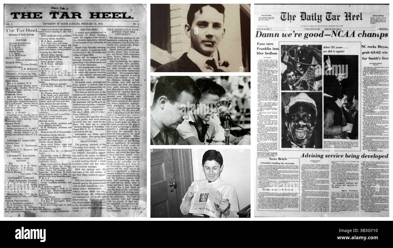 22 février 2018 - USA - le Daily Tar Heel fête ses 125 ans en 2018. Les éditions de 1839, à gauche et 1982, à droite, présentent l'actualité du jour. Thomas Wolfe, top, Charles Kuralt, centre, et Ed Yoder, en bas, il y a quelques-uns des rédacteurs et des rédacteurs qui ont travaillé au DTH. (Crédit image : © N&O File photos/TNS via ZUMA Wire) Banque D'Images