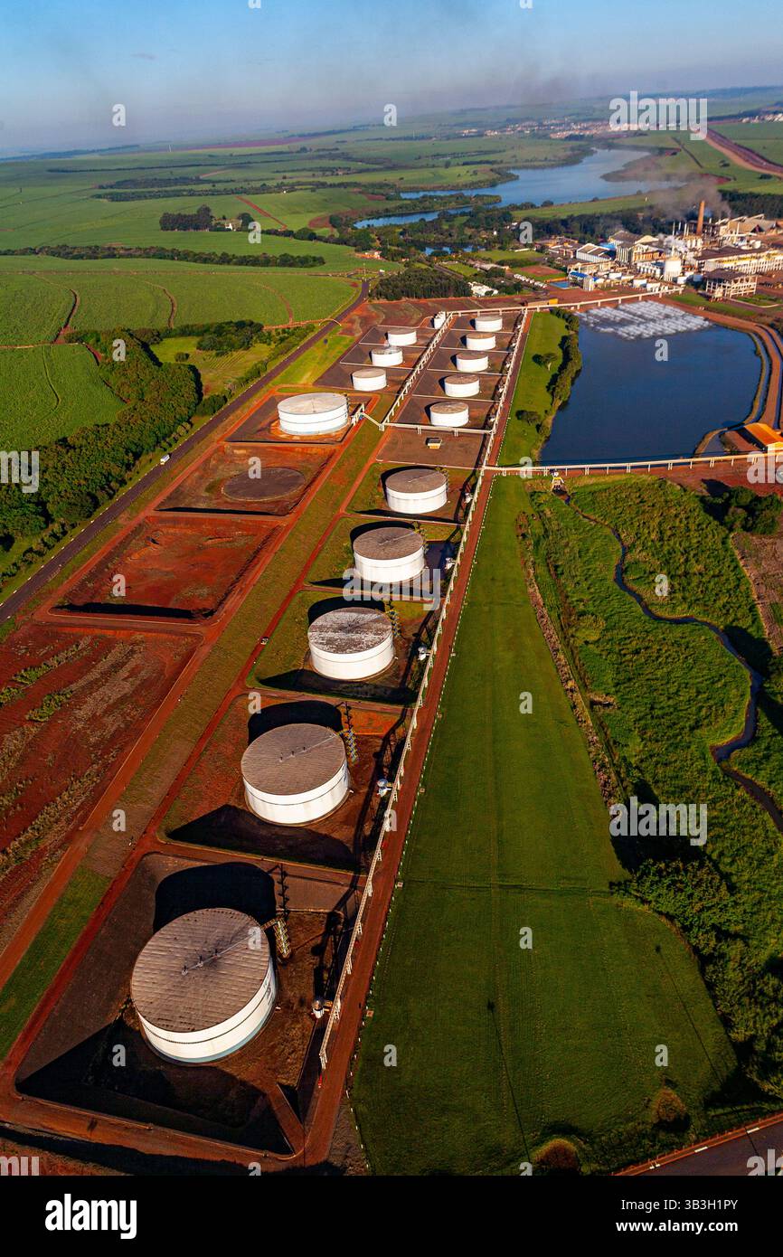 Vue aérienne mettant en évidence la vaste gamme de réservoirs cylindriques de stockage d'éthanol à l'usine d'éthanol et de sucre de São Martinho dans l'État de São Paulo. Banque D'Images