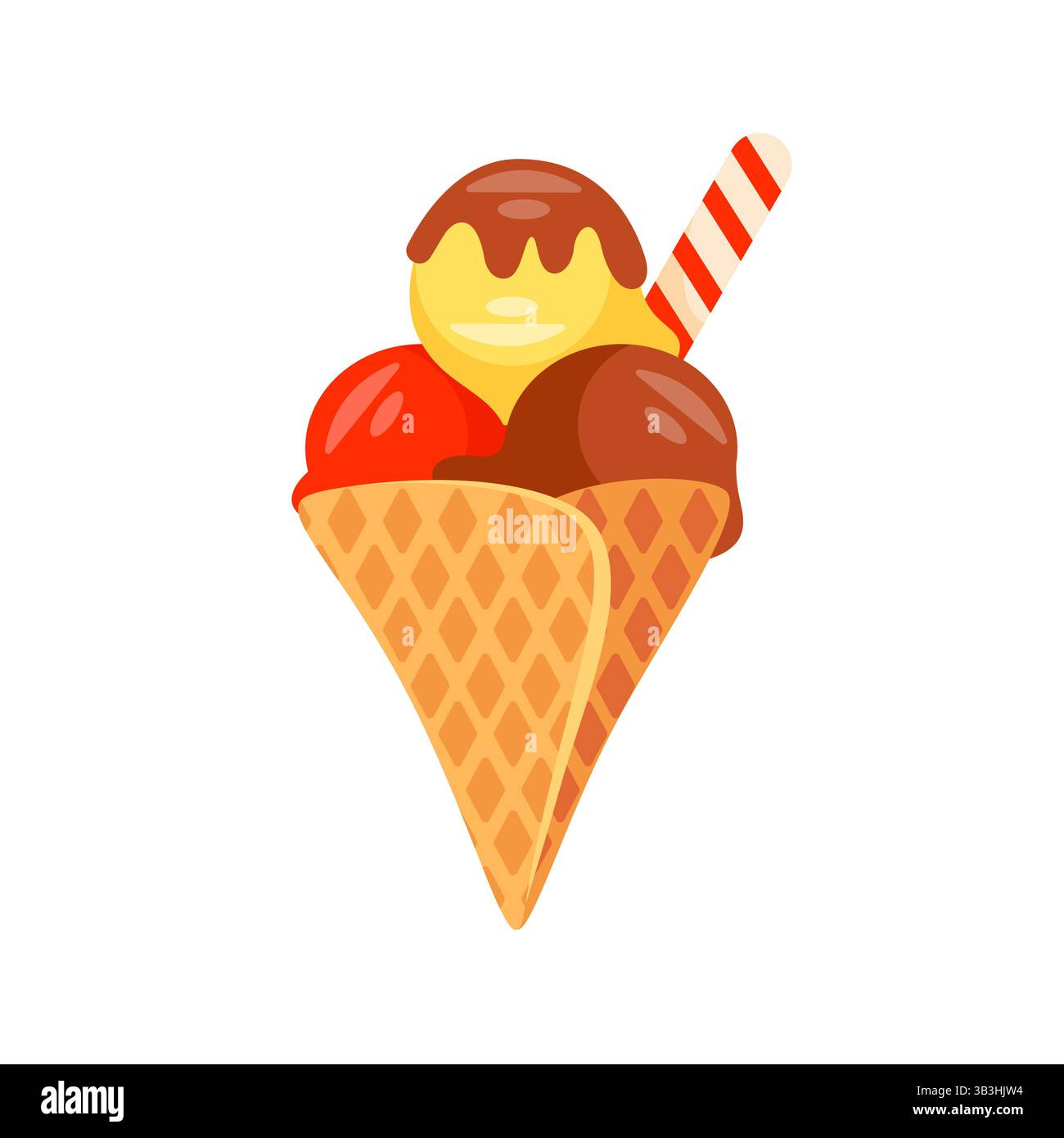 De délicieuses cuillères de crème glacée de différentes saveurs avec garniture de chocolat dans un cône de gaufre fond Illustration de Vecteur